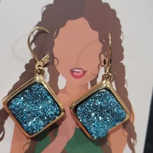 Gold tone Blue Druzy Earrings